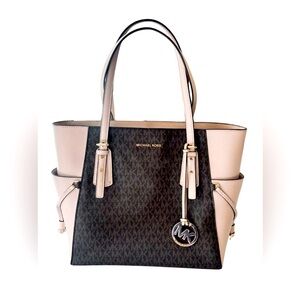 Michael Kors Pink & Brown Medium Voyager logo tote bag w/ gold hardware